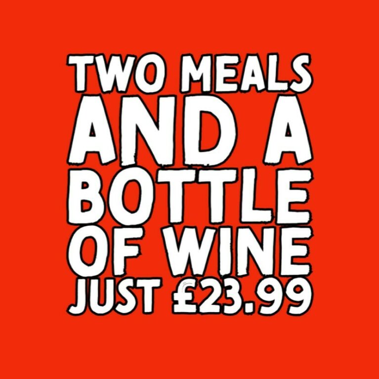 Two Meals and a Bottle of House Wine for just £23.99